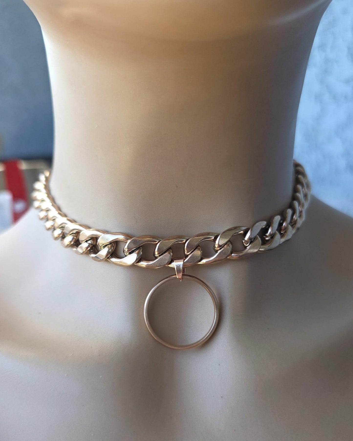 Rose Gold Steel Day Collar Choker Style Necklace with O Ring - Adjustable or Locking Clasp