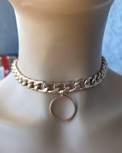 Rose Gold Steel Day Collar Choker Style Necklace with O Ring - Adjustable or Locking Clasp