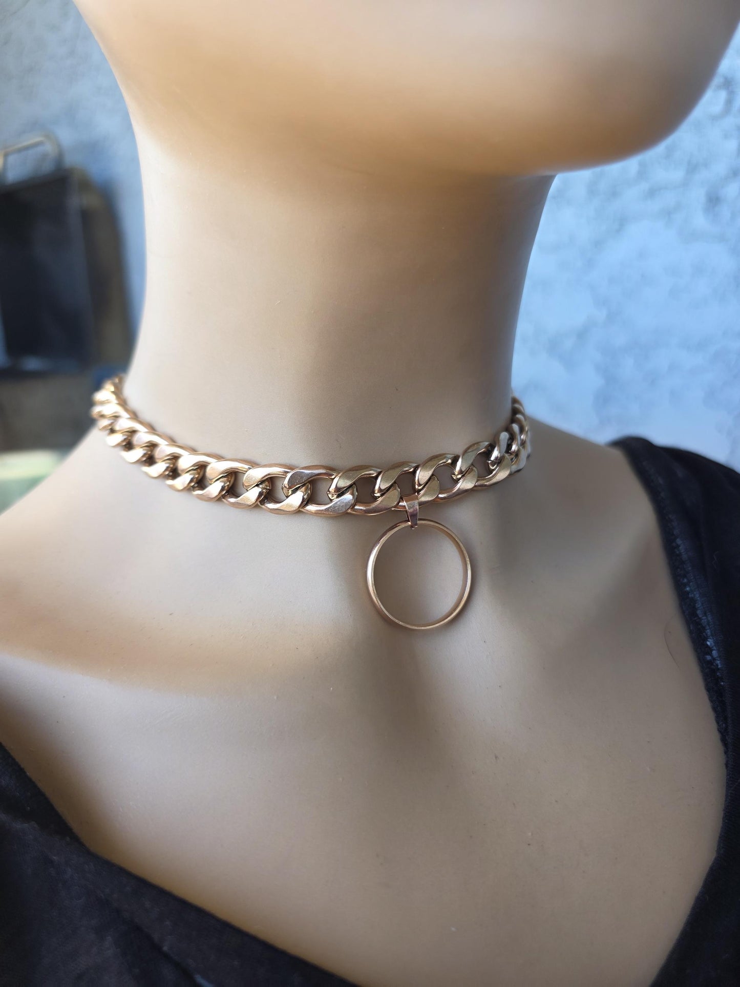 Rose Gold Steel Day Collar Choker Style Necklace with O Ring - Adjustable or Locking Clasp