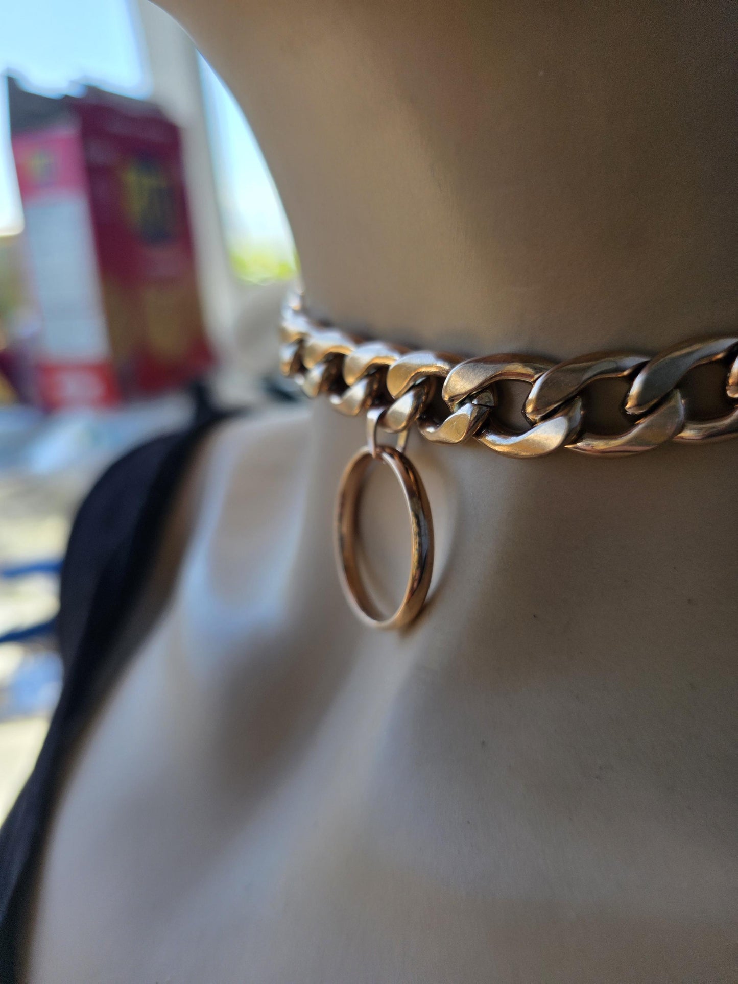 Rose Gold Steel Day Collar Choker Style Necklace with O Ring - Adjustable or Locking Clasp
