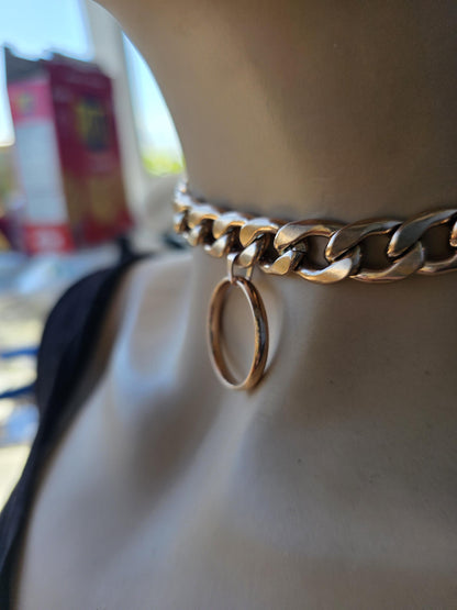Rose Gold Steel Day Collar Choker Style Necklace with O Ring - Adjustable or Locking Clasp