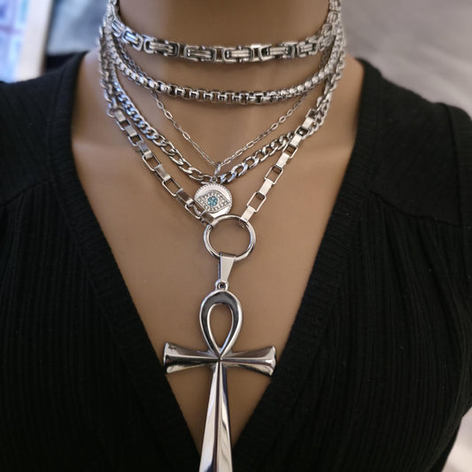 Layered Multi Strand Chunky Chain Gothic Choker Collar Necklace Set