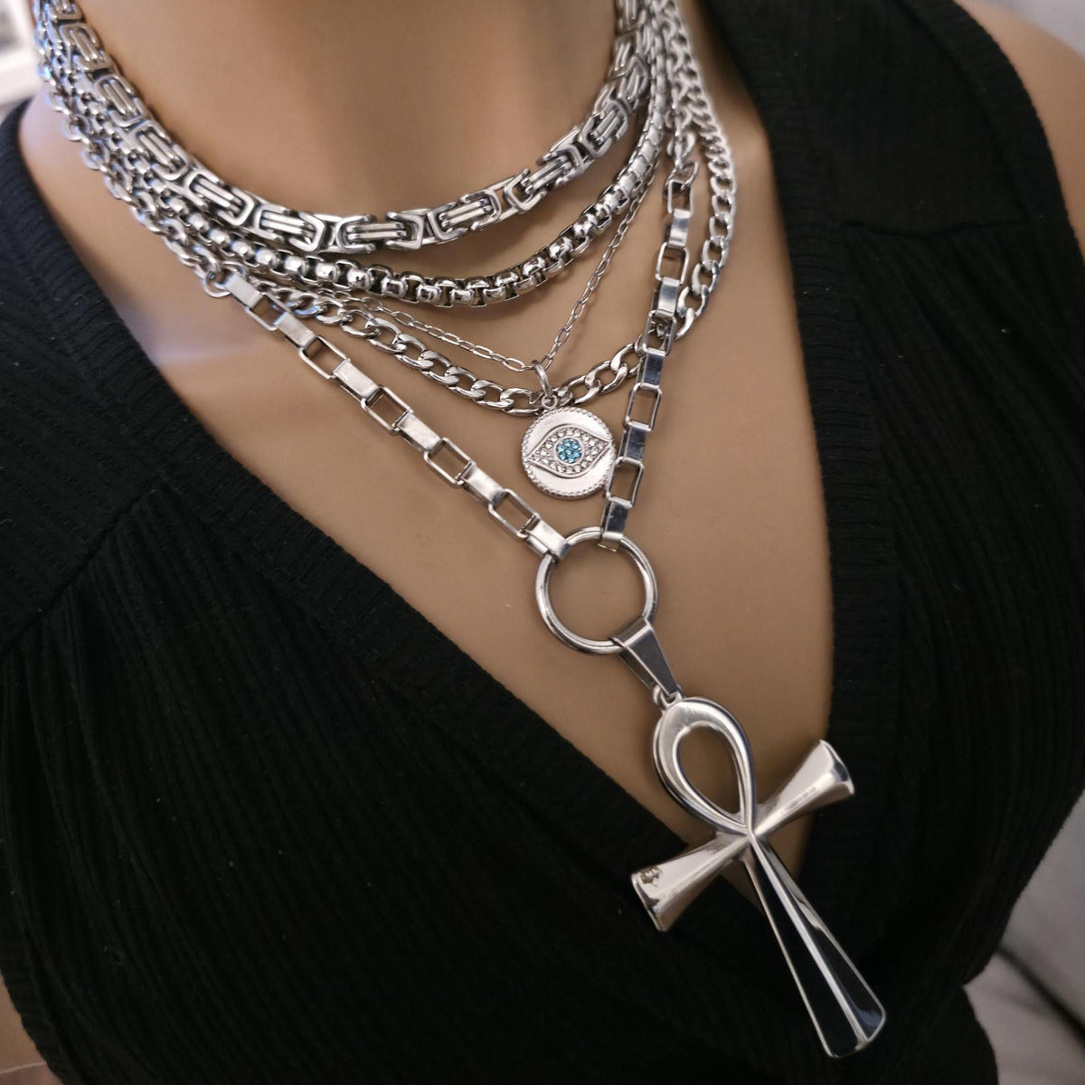 Layered Multi Strand Chunky Chain Gothic Choker Collar Necklace Set