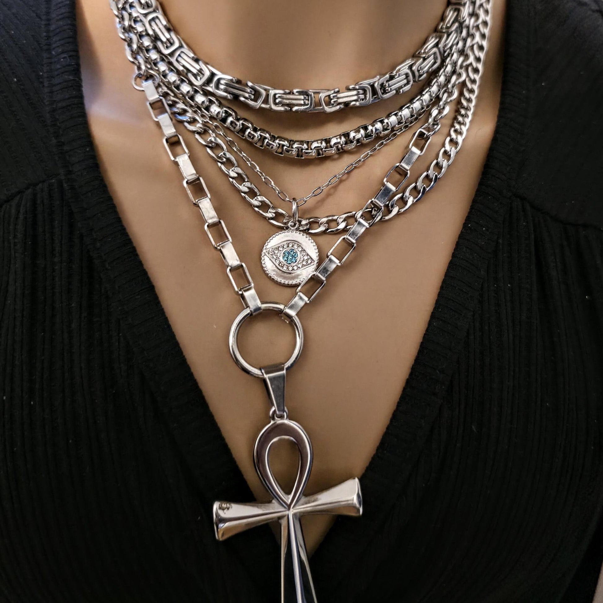 Layered Multi Strand Chunky Chain Gothic Choker Collar Necklace Set