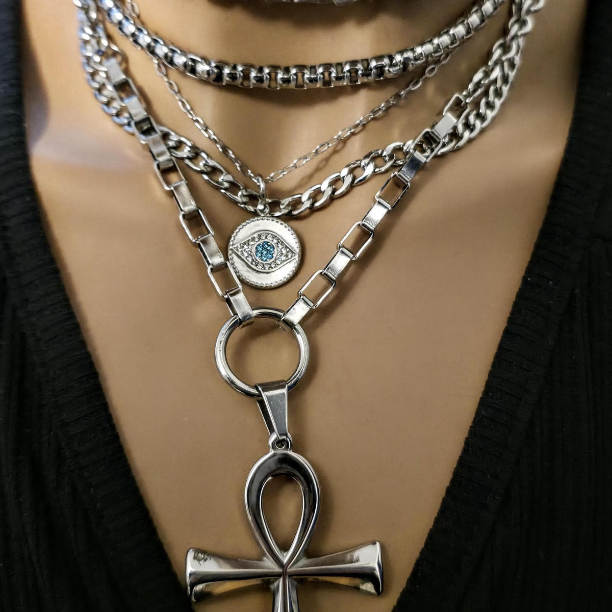 Layered Multi Strand Chunky Chain Gothic Choker Collar Necklace Set