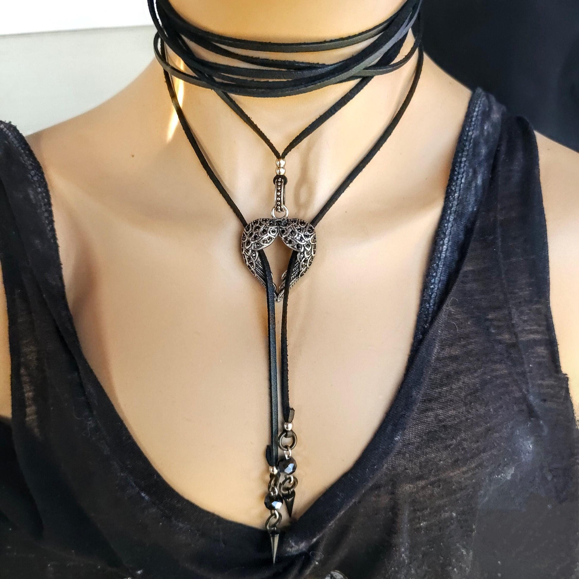 Black Leather Gothic Bolero Wrap Collar Choker Layered Lariat Necklace w/ Spikes Heart - Handmade Grunge Punk Aesthetic Jewelry Gift for Her