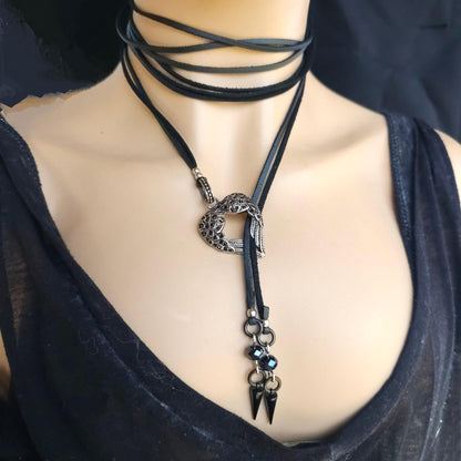 Black Leather Gothic Bolero Wrap Collar Choker Layered Lariat Necklace w/ Spikes Heart - Handmade Grunge Punk Aesthetic Jewelry Gift for Her