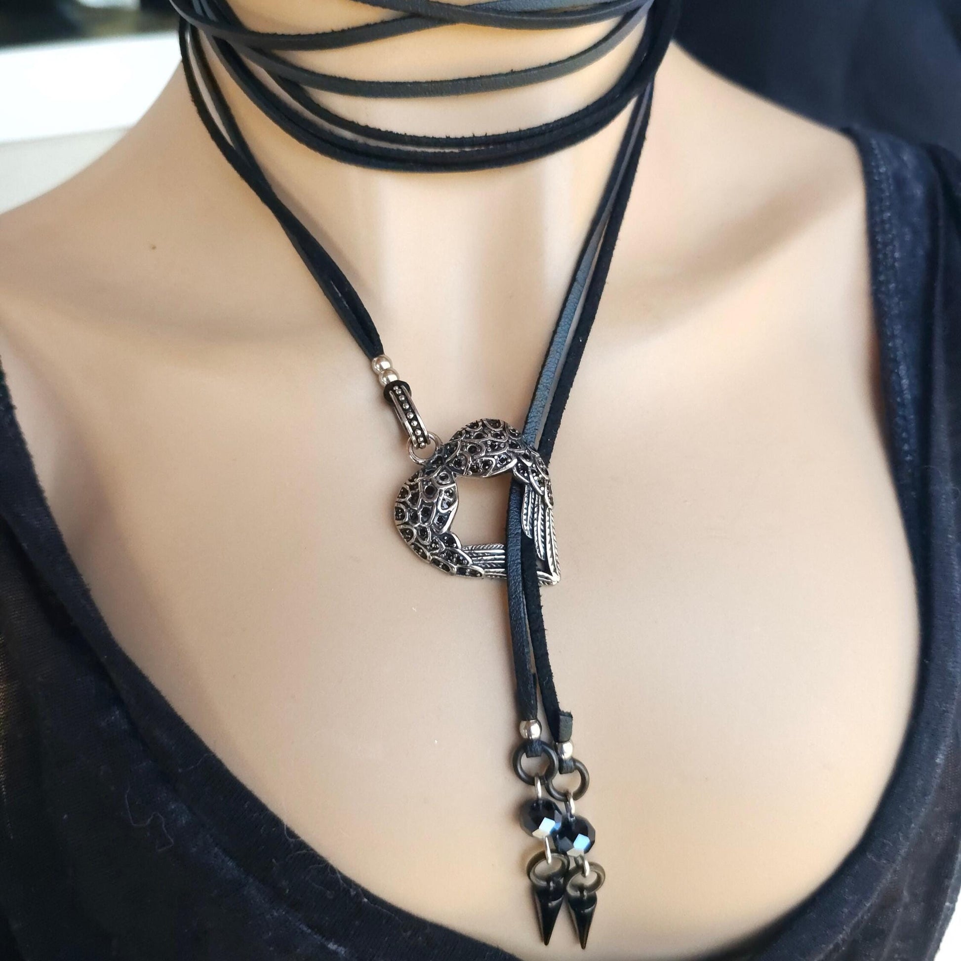 Black Leather Gothic Bolero Wrap Collar Choker Layered Lariat Necklace w/ Spikes Heart - Handmade Grunge Punk Aesthetic Jewelry Gift for Her