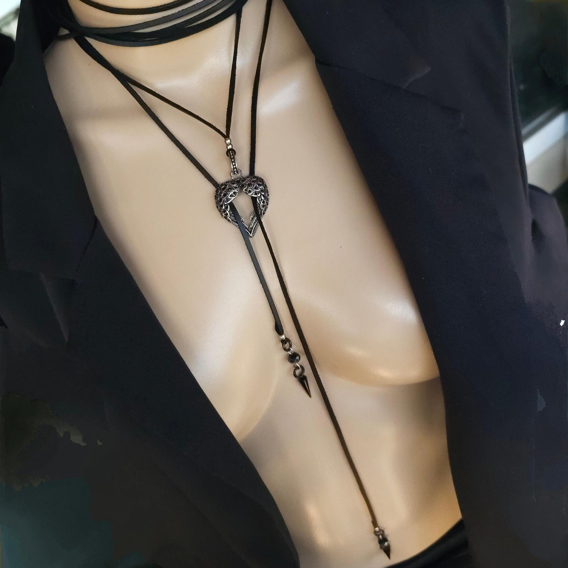 Black Leather Gothic Bolero Wrap Collar Choker Layered Lariat Necklace w/ Spikes Heart - Handmade Grunge Punk Aesthetic Jewelry Gift for Her