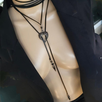 Black Leather Gothic Bolero Wrap Collar Choker Layered Lariat Necklace w/ Spikes Heart - Handmade Grunge Punk Aesthetic Jewelry Gift for Her