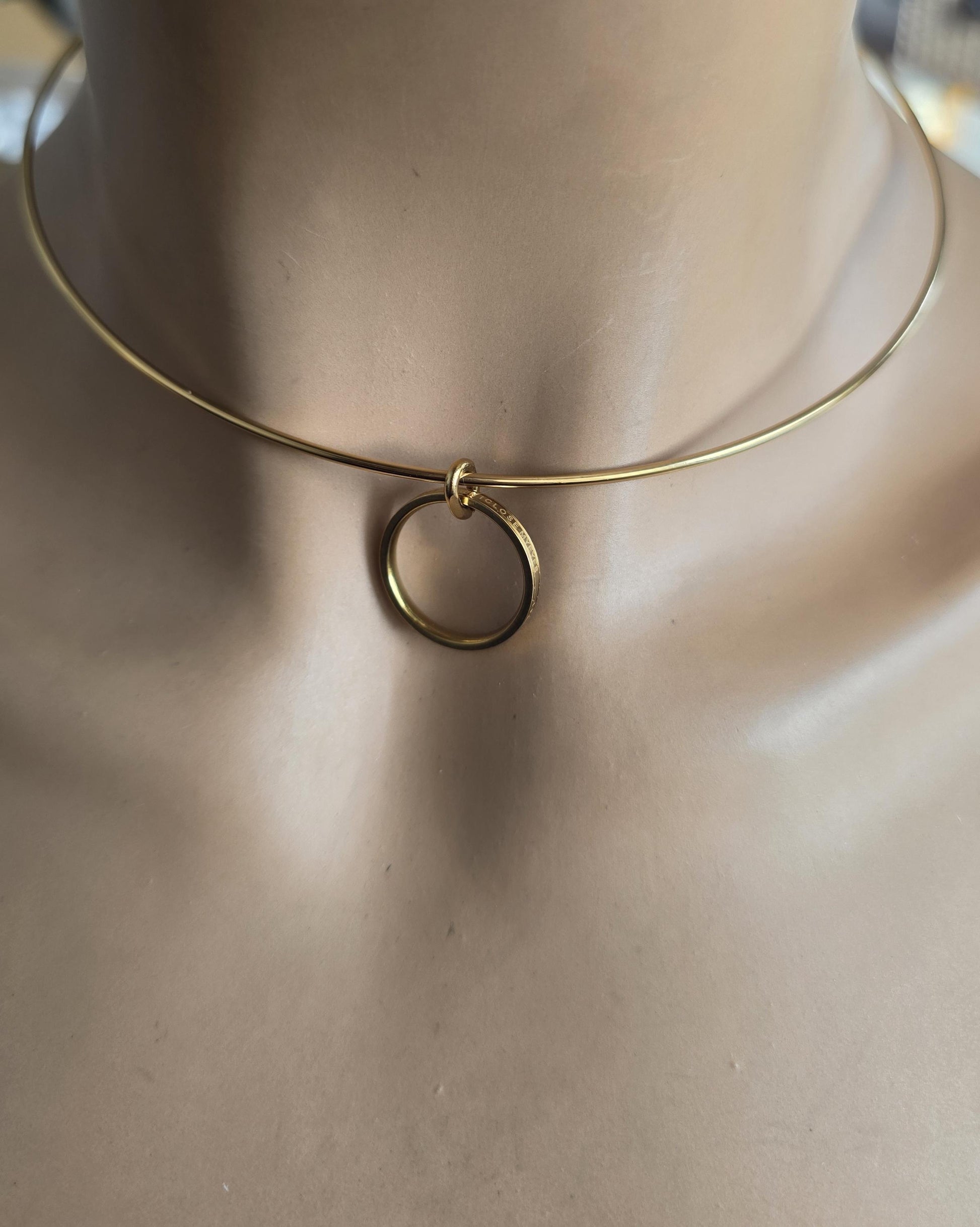 Gold Plated Steel Day Collar Rigid Torque 1.5 mm Dainty Choker Necklace with Engraved O Ring & Permanent Locking Option