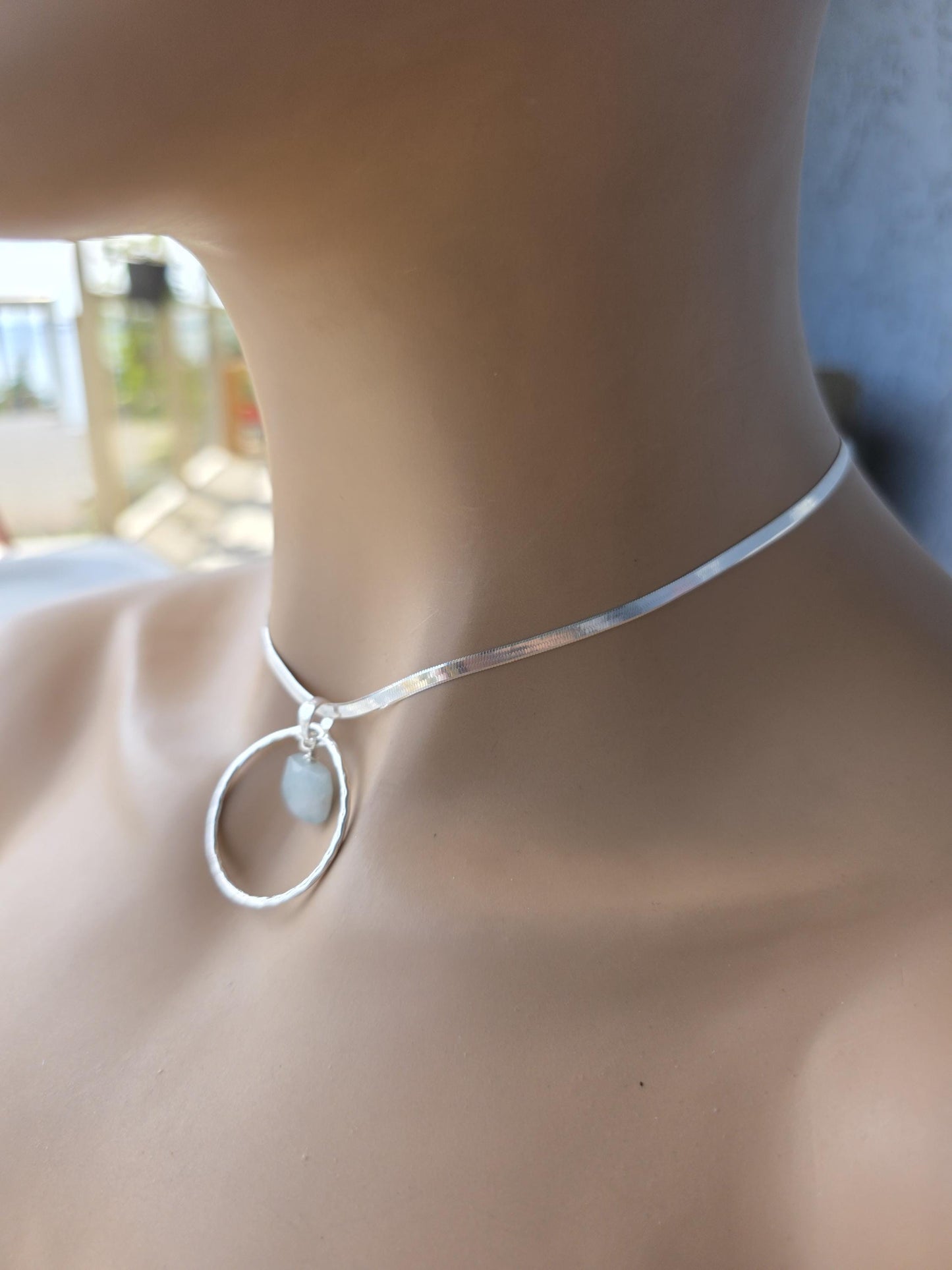 Sterling Silver Day Collar with Aquamarine Choker Necklace - Locking Option - Handmade Luxury Partner Jewelry