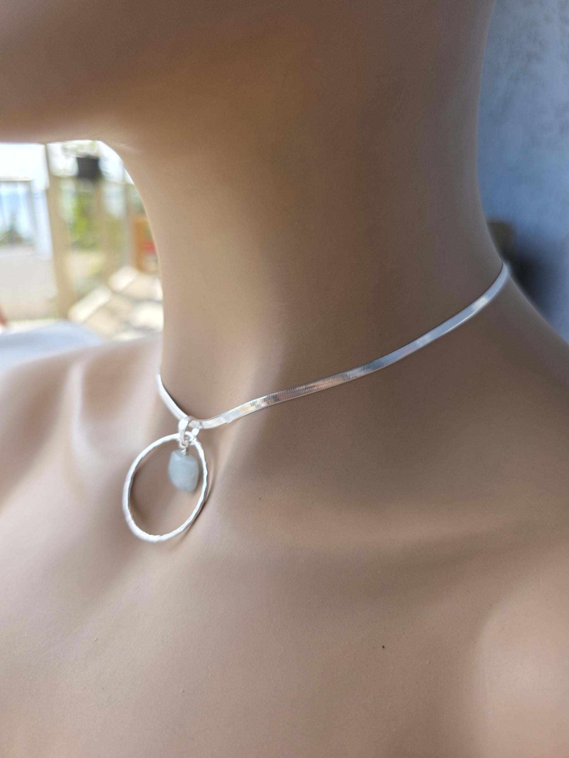 Sterling Silver Day Collar with Aquamarine Choker Necklace - Locking Option - Handmade Luxury Partner Jewelry