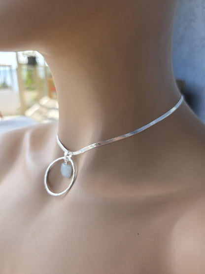Sterling Silver Day Collar with Aquamarine Choker Necklace - Locking Option - Handmade Luxury Partner Jewelry