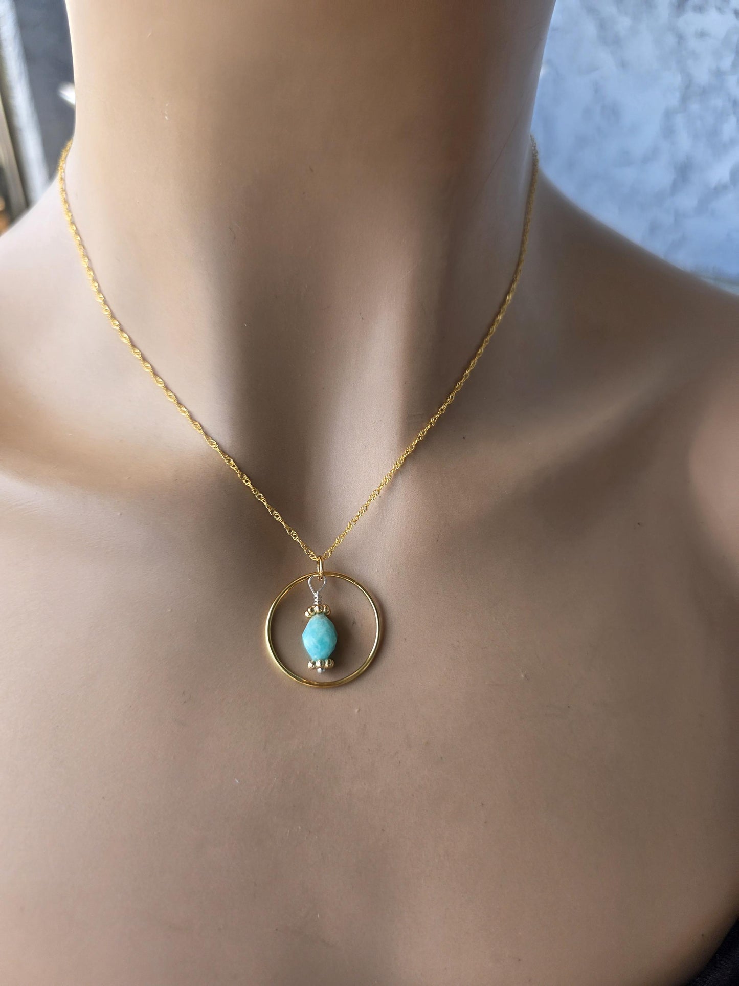 18 k Gold Vermeil Day Collar O Ring Necklace With Larimar - Luxury Handcrafted Artisan Partner Jewelry