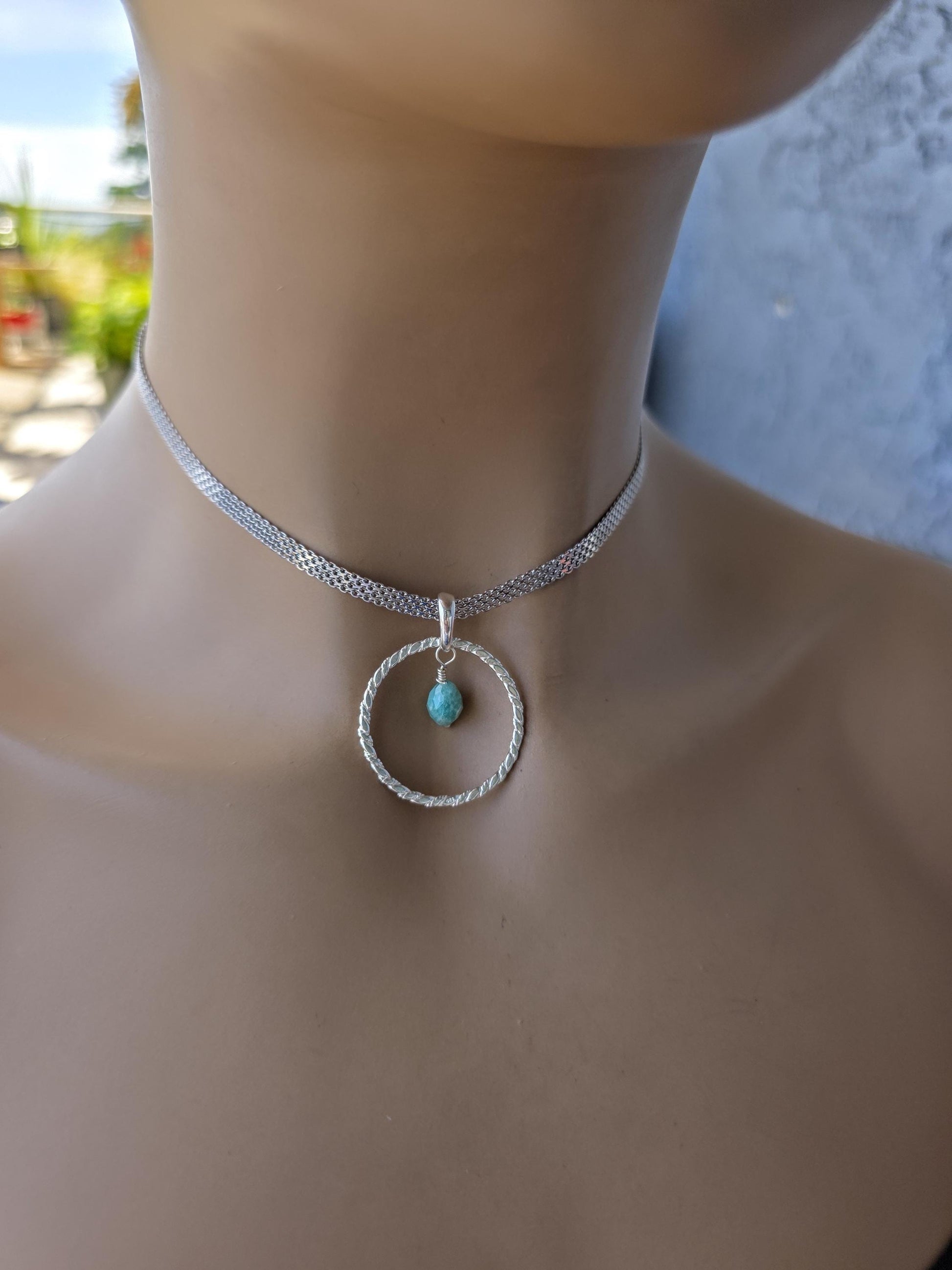 Sterling Silver Day Collar Necklace with Larimar - Locking Option - Handmade Artisan Partner Jewelry