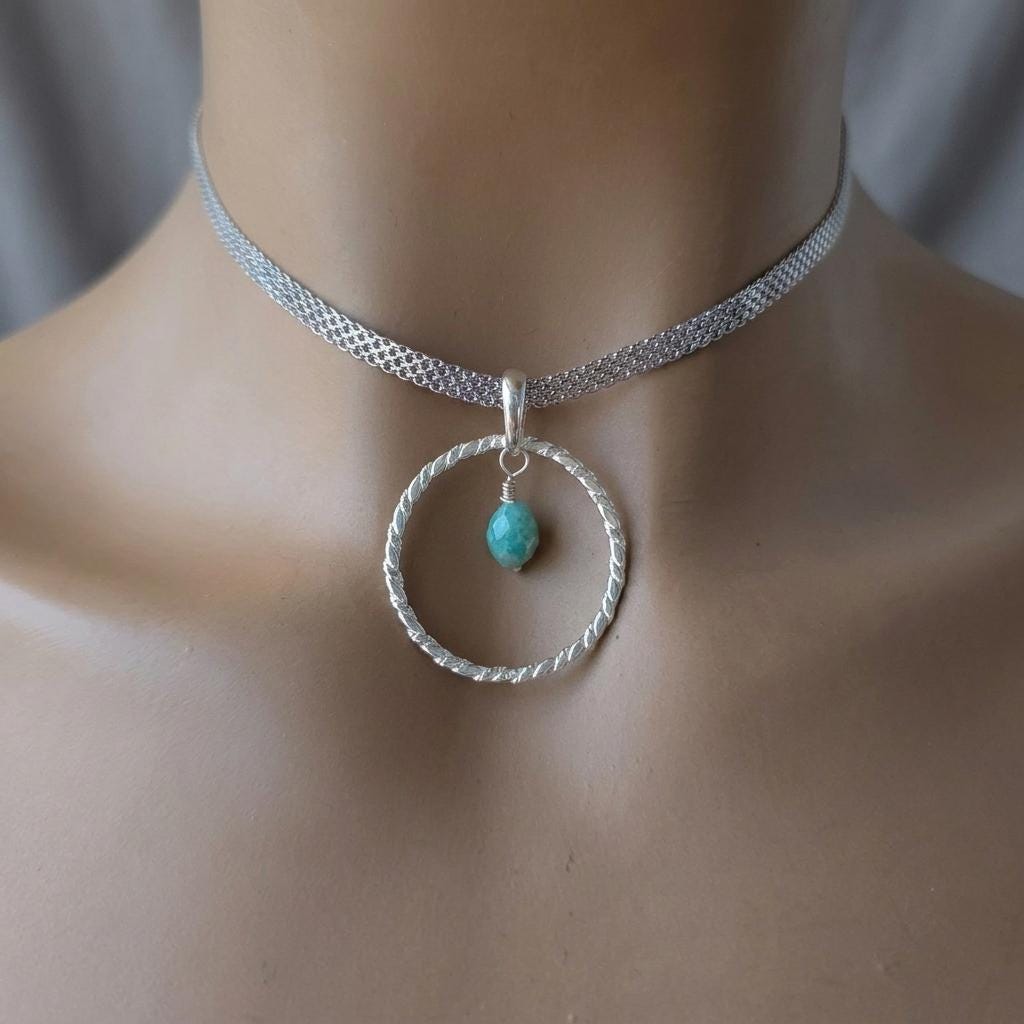 Sterling Silver Day Collar Necklace with Larimar - Locking Option - Handmade Artisan Partner Jewelry