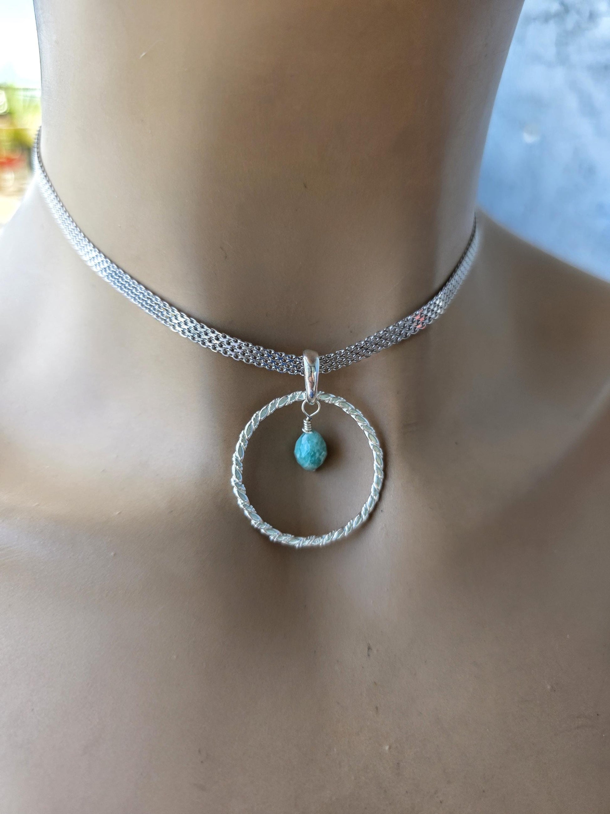 Sterling Silver Day Collar Necklace with Larimar - Locking Option - Handmade Artisan Partner Jewelry