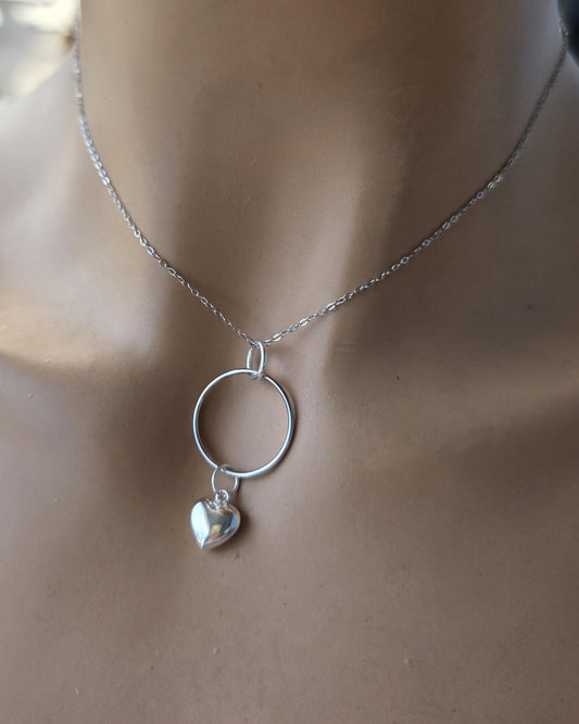 Sterling Silver Day Collar Necklace with Puffy Heart Charm - Locking Option - Handmade Artisan Luxury Partner Jewelry