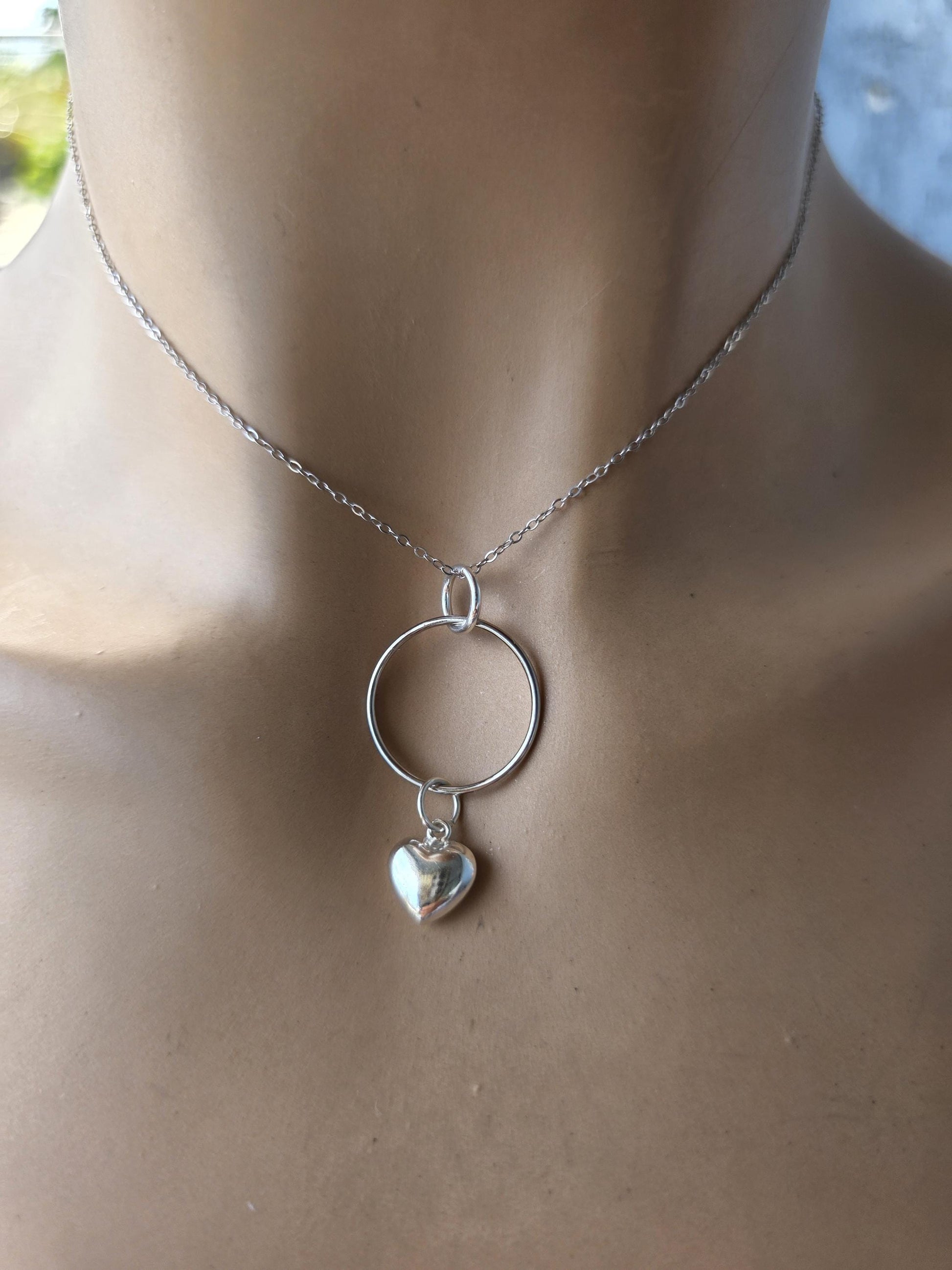 Sterling Silver Day Collar Necklace with Puffy Heart Charm - Locking Option - Handmade Artisan Luxury Partner Jewelry