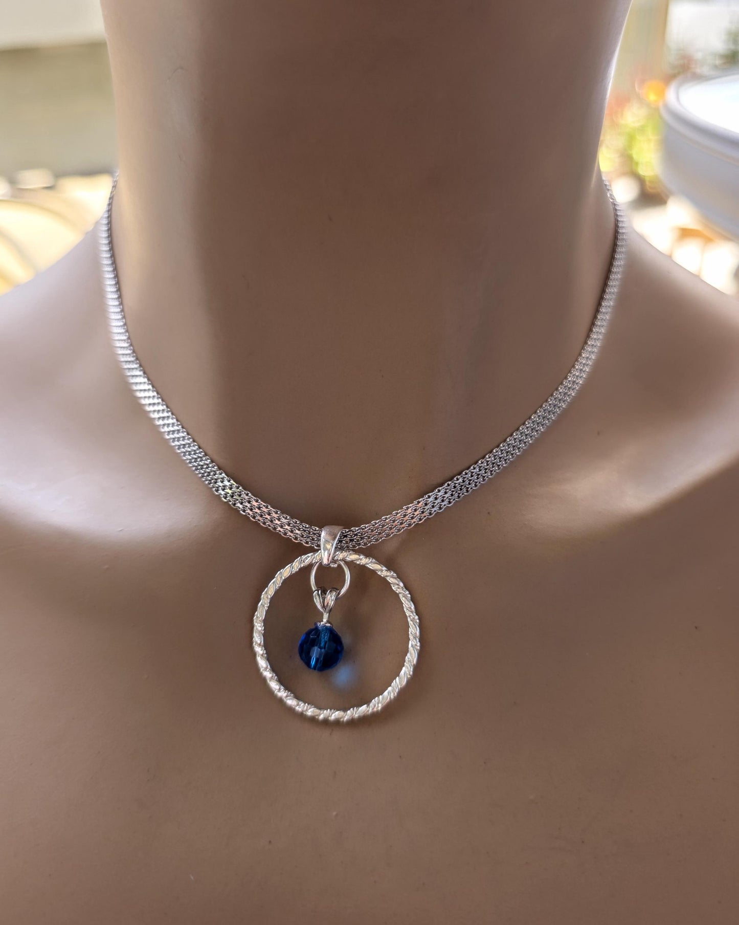 Sterling Silver Day Collar Necklace with Blue Austrian Crystal - Locking Option - Handmade Artisan Partner Jewelry