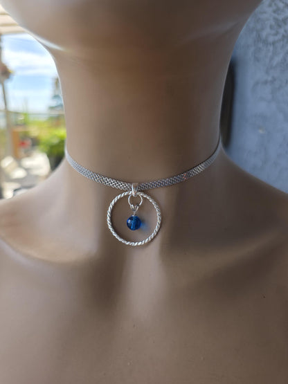 Sterling Silver Day Collar Necklace with Blue Austrian Crystal - Locking Option - Handmade Artisan Partner Jewelry