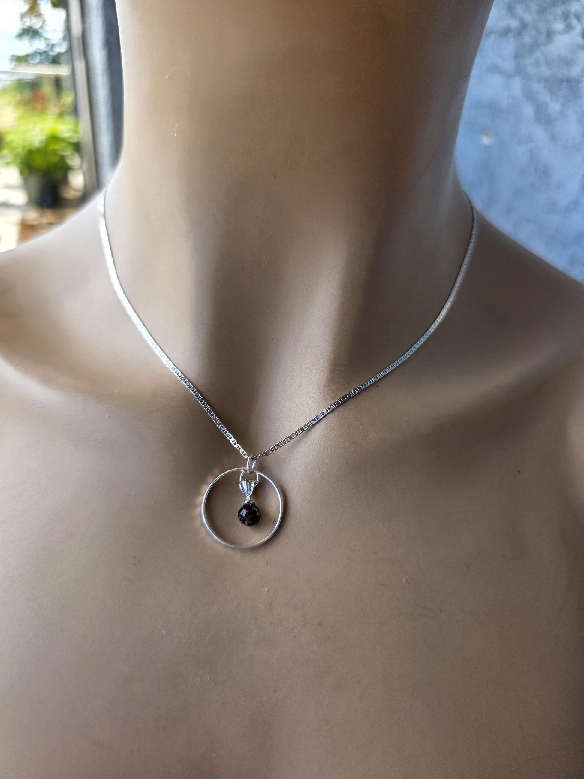 Sterling Silver Day Collar Necklace with Garnet - Locking Option - Handmade Artisan Partner Jewelry