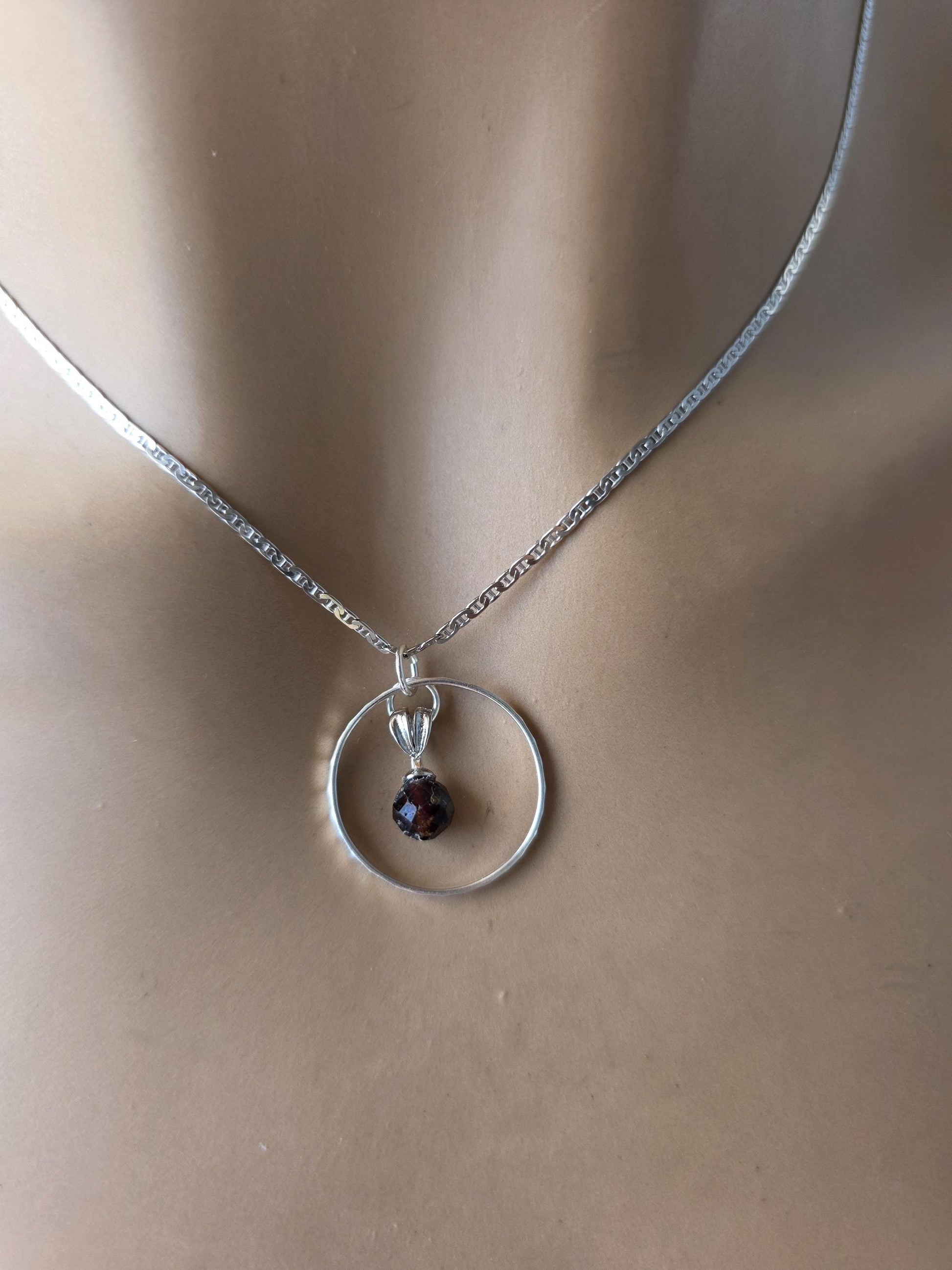 Sterling Silver Day Collar Necklace with Garnet - Locking Option - Handmade Artisan Partner Jewelry