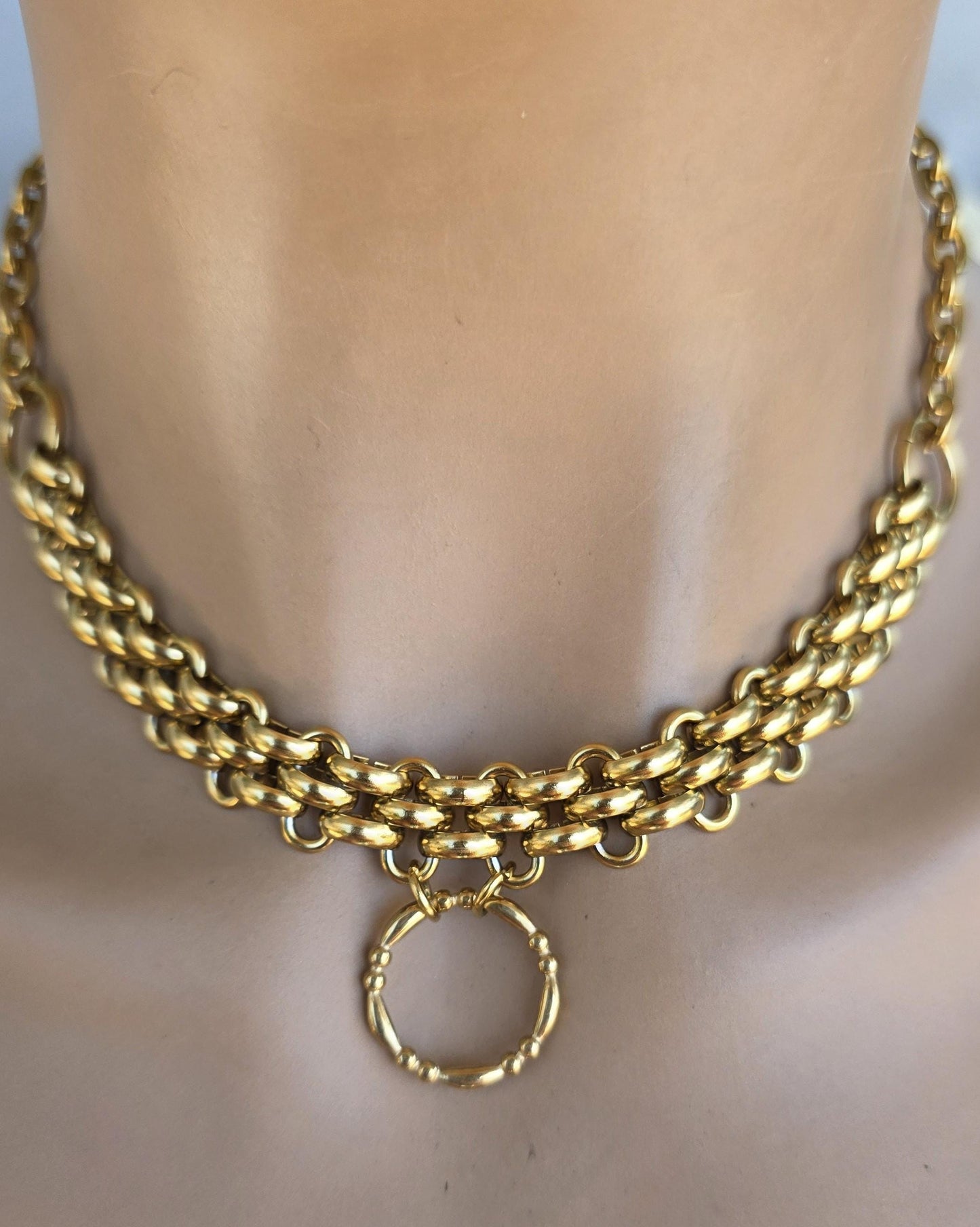 Gold Plated Steel Chunky Day Collar Statement Choker Necklace with Permanent Locking Option