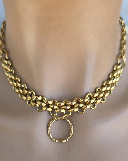 Gold Plated Steel Chunky Day Collar Statement Choker Necklace with Permanent Locking Option