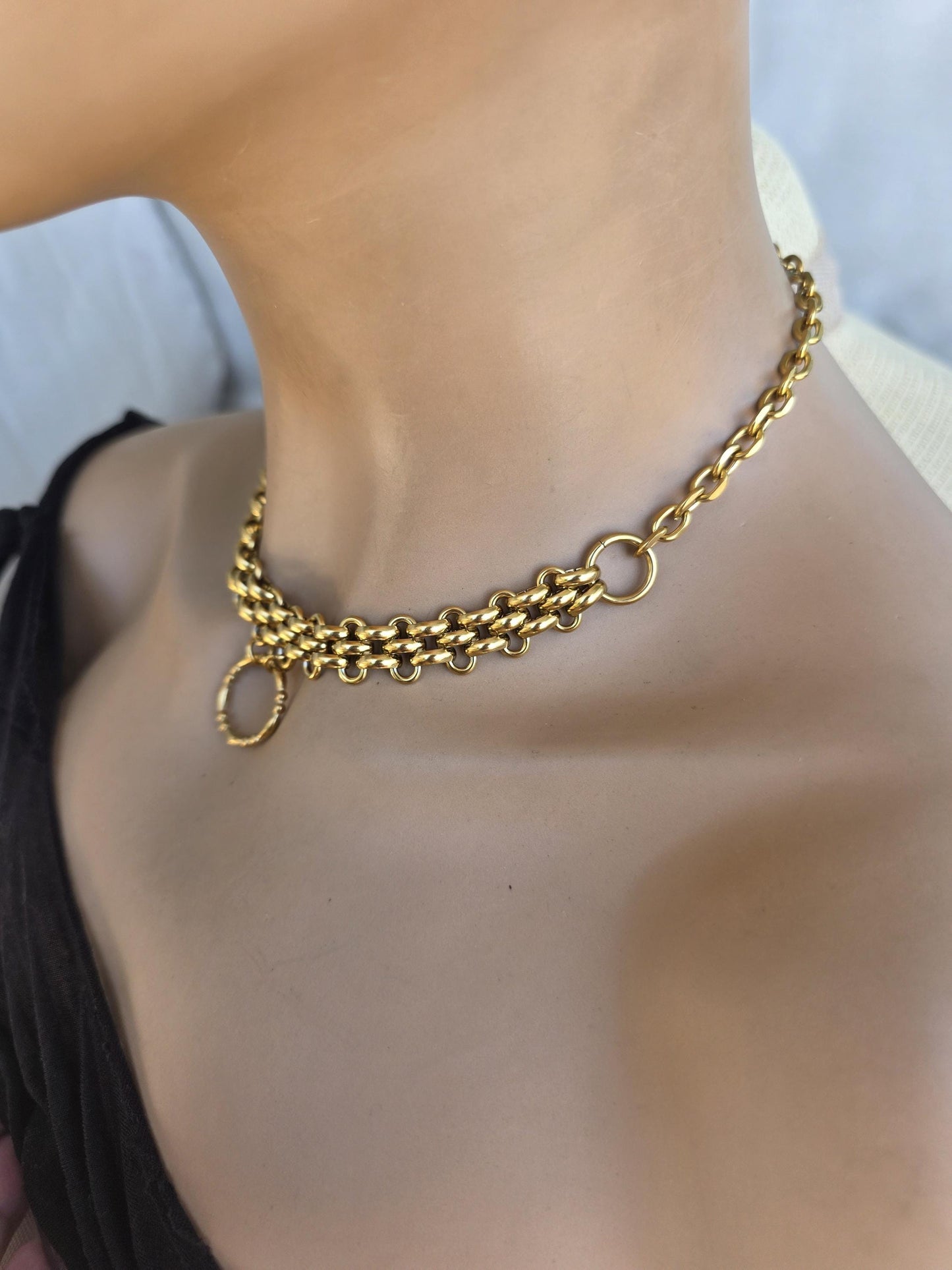 Gold Plated Steel Chunky Day Collar Statement Choker Necklace with Permanent Locking Option