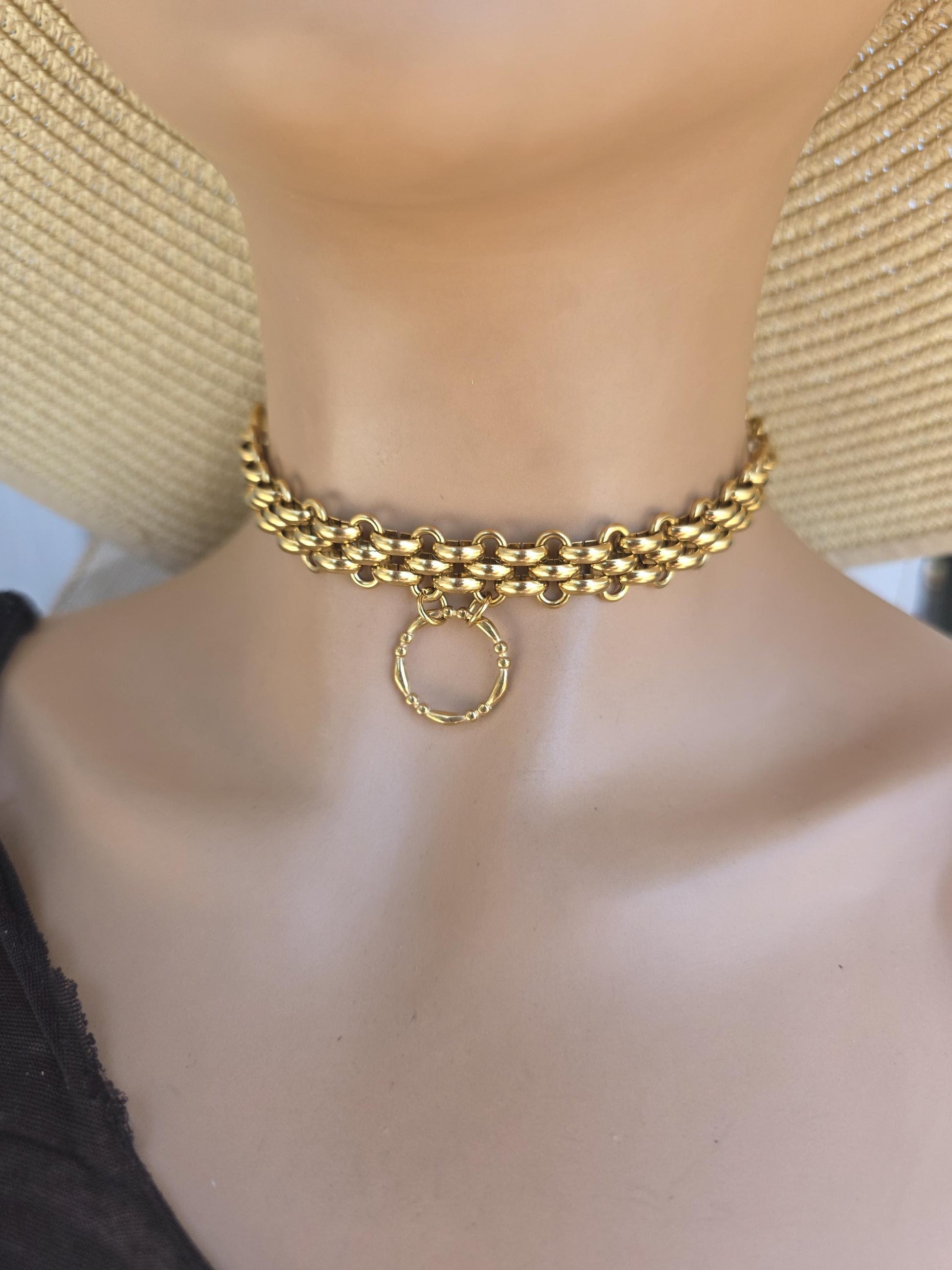 Gold Plated Steel Chunky Day Collar Statement Choker Necklace with Permanent Locking Option