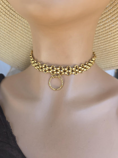 Gold Plated Steel Chunky Day Collar Statement Choker Necklace with Permanent Locking Option
