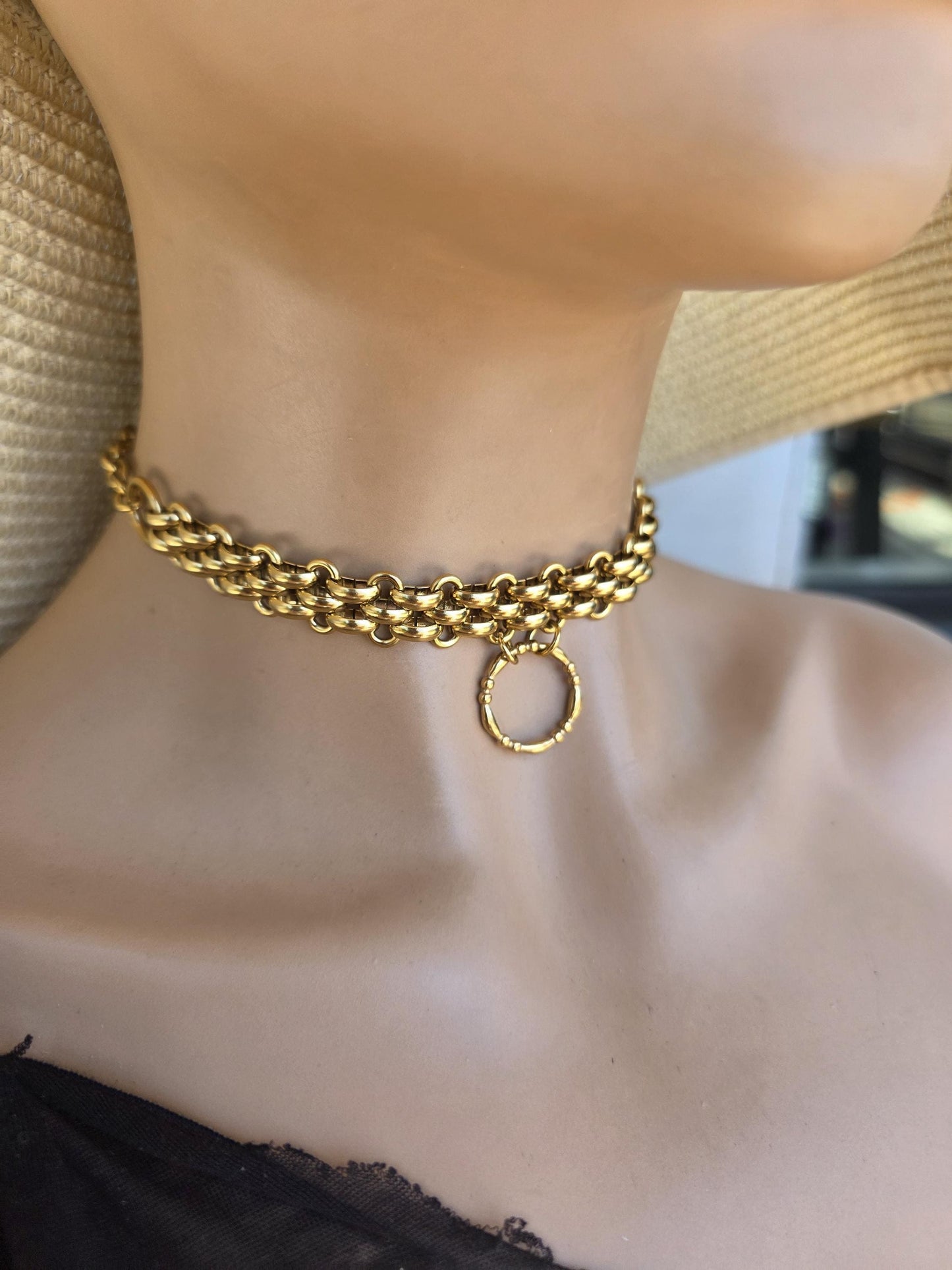 Gold Plated Steel Chunky Day Collar Statement Choker Necklace with Permanent Locking Option