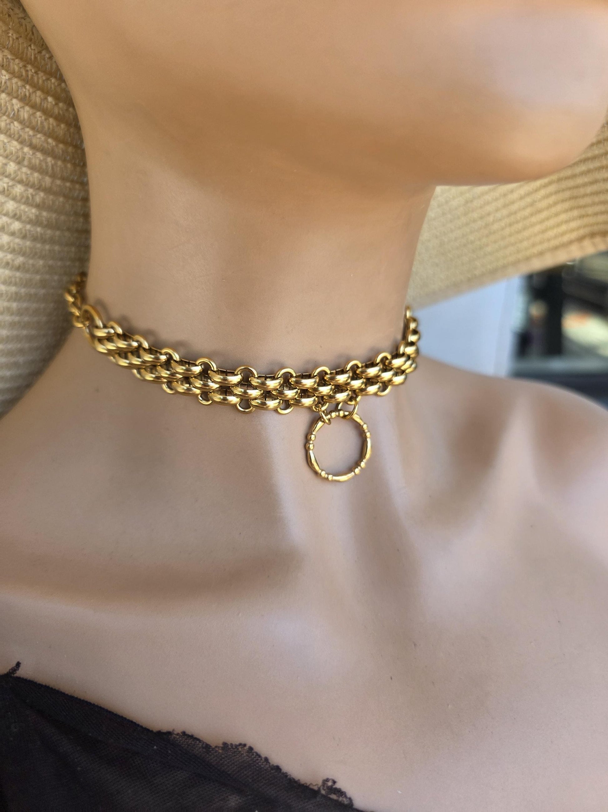 Gold Plated Steel Chunky Day Collar Statement Choker Necklace with Permanent Locking Option