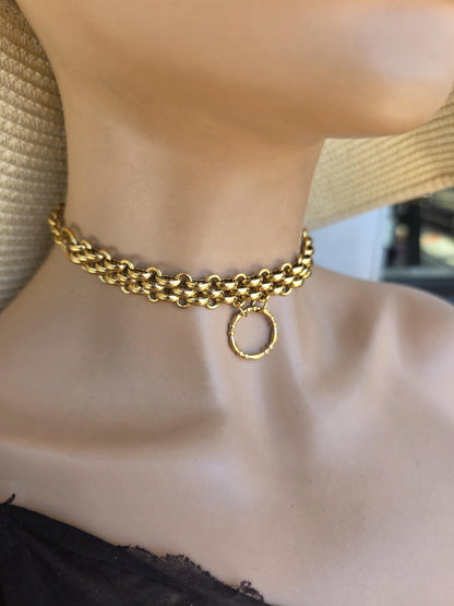 Gold Plated Steel Chunky Day Collar Statement Choker Necklace with Permanent Locking Option