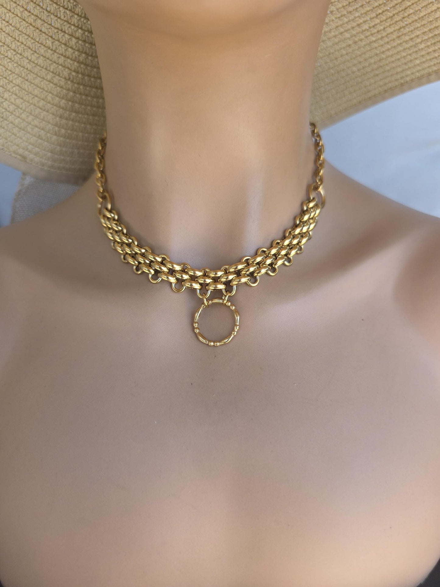 Gold Plated Steel Chunky Day Collar Statement Choker Necklace with Permanent Locking Option