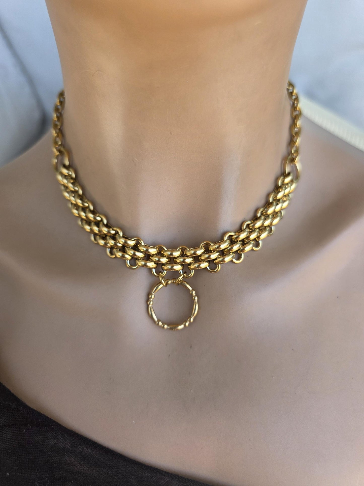 Gold Plated Steel Chunky Day Collar Statement Choker Necklace with Permanent Locking Option