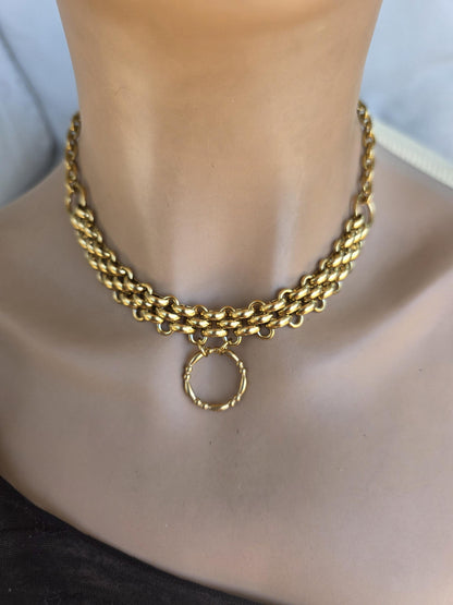 Gold Plated Steel Chunky Day Collar Statement Choker Necklace with Permanent Locking Option