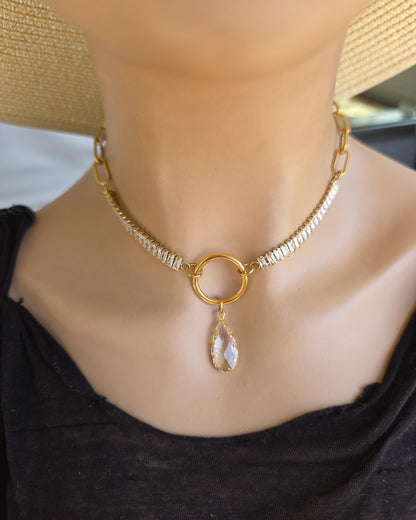 Gold Plated Steel Day Collar with CZ Baguettes and Crystal Pendant Choker Necklace & Permanent Locking Option