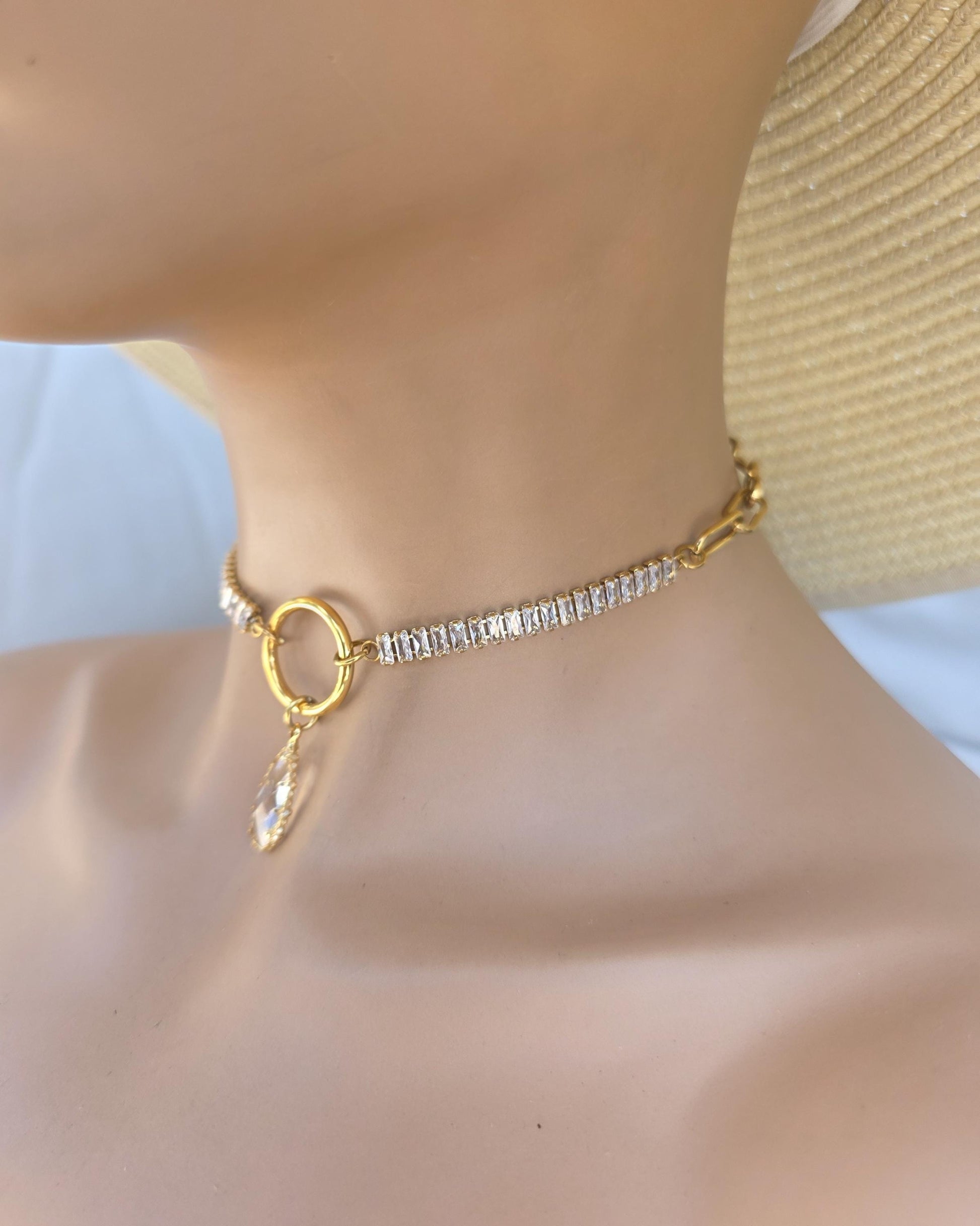 Gold Plated Steel Day Collar with CZ Baguettes and Crystal Pendant Choker Necklace & Permanent Locking Option