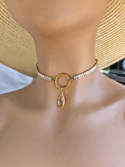 Gold Plated Steel Day Collar with CZ Baguettes and Crystal Pendant Choker Necklace & Permanent Locking Option