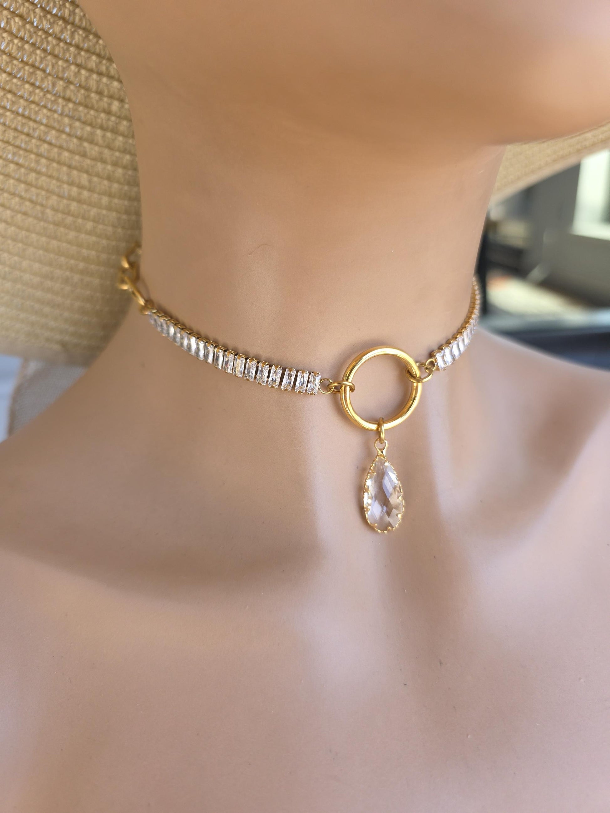 Gold Plated Steel Day Collar with CZ Baguettes and Crystal Pendant Choker Necklace & Permanent Locking Option