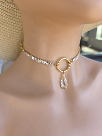 Gold Plated Steel Day Collar with CZ Baguettes and Crystal Pendant Choker Necklace & Permanent Locking Option