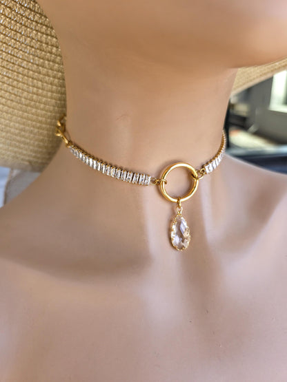 Gold Plated Steel Day Collar with CZ Baguettes and Crystal Pendant Choker Necklace & Permanent Locking Option