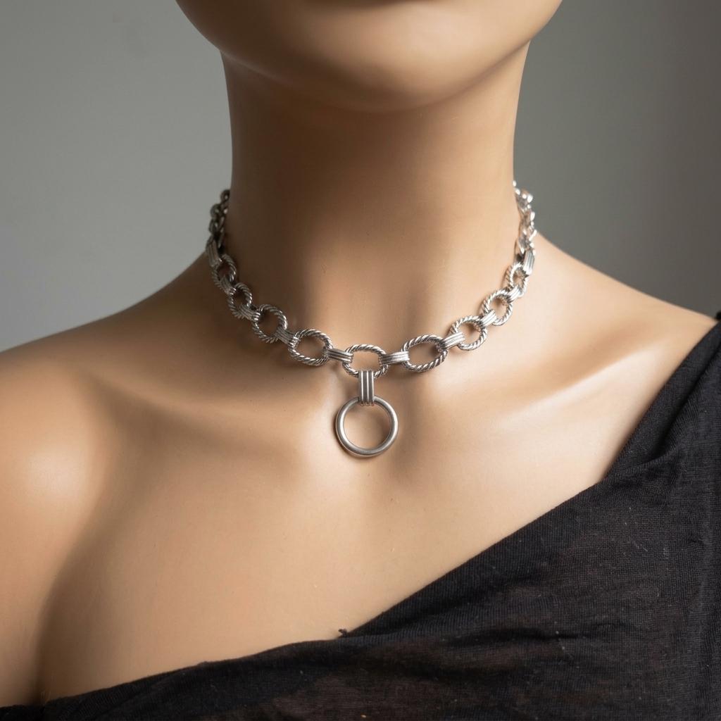 Steel Day Collar Chunky Choker Geometric Circle Necklace with O Ring & Permanent Locking Option