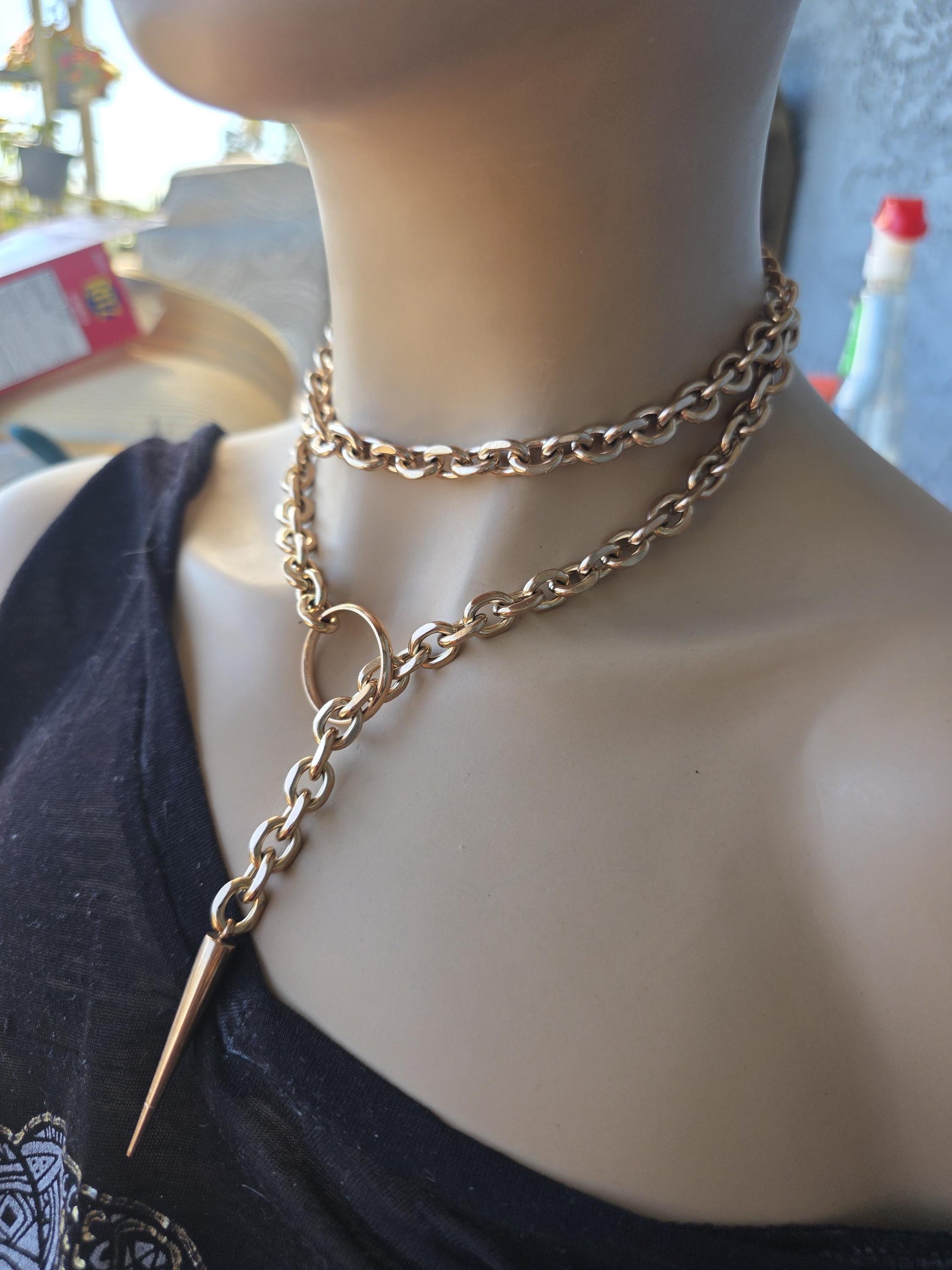 Rose Gold Steel Choker Style Layered Lariat Spike Necklace - Adjustable Clasp