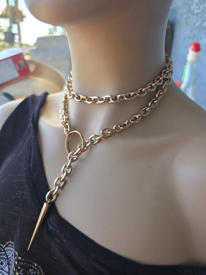 Rose Gold Steel Choker Style Layered Lariat Spike Necklace - Adjustable Clasp