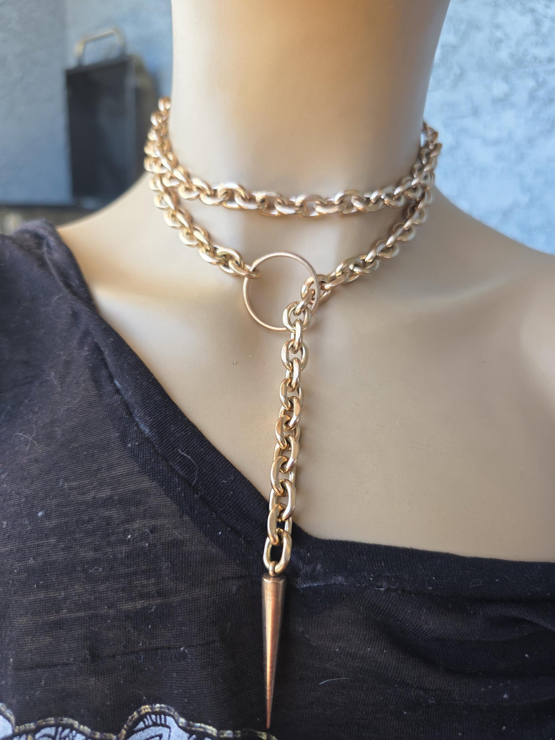 Rose Gold Steel Choker Style Layered Lariat Spike Necklace - Adjustable Clasp