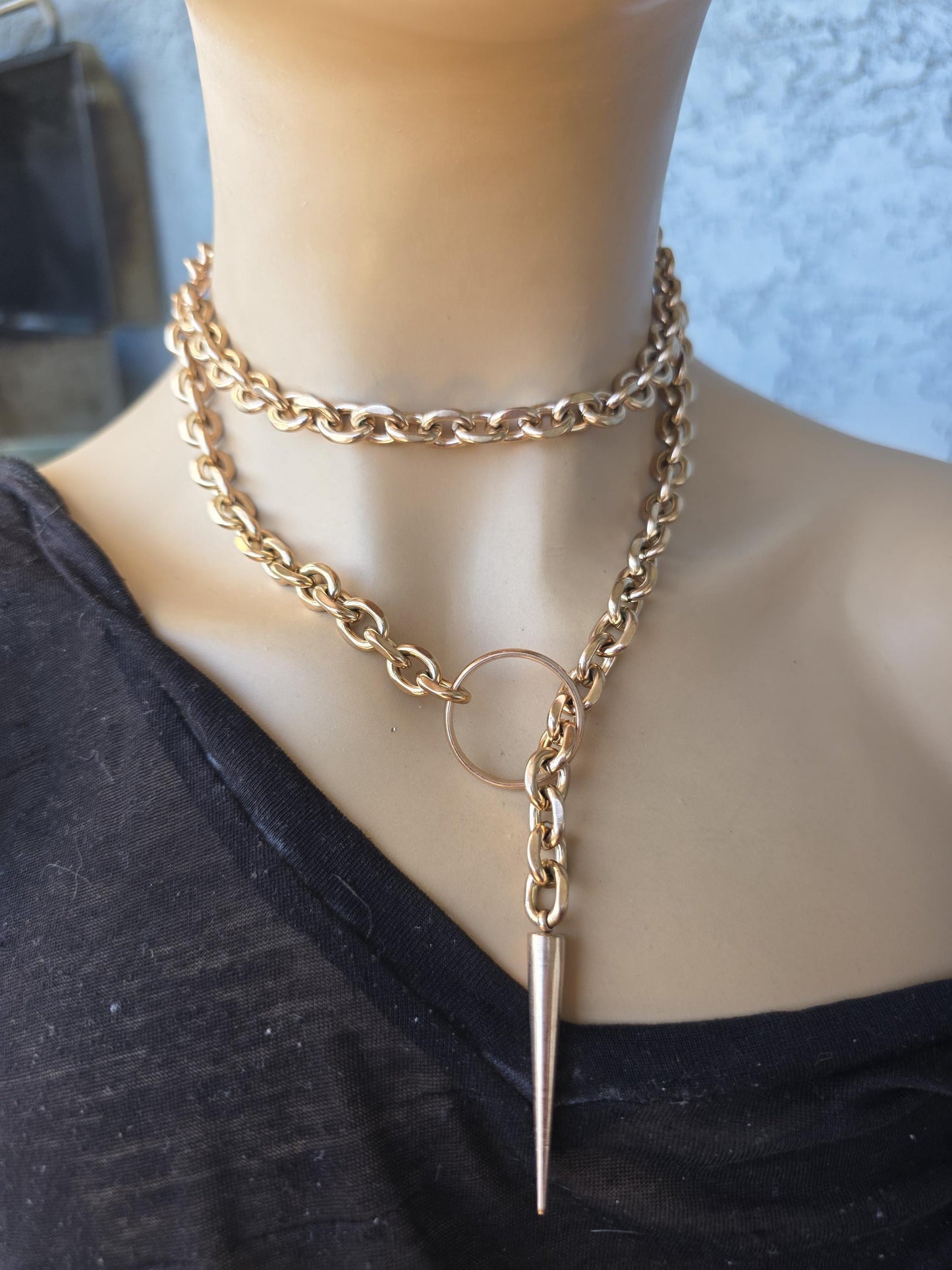 Rose Gold Steel Choker Style Layered Lariat Spike Necklace - Adjustable Clasp